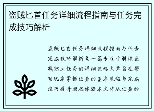 盗贼匕首任务详细流程指南与任务完成技巧解析